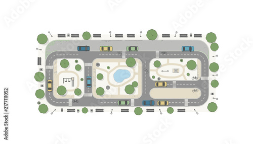 Detailed overhead city park design showcasing a central pond surrounded by playground equipment, paved pathways, benches, and parked vehicles.