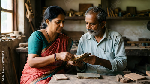 A fictional South Asian woman family-business owner in her forties and her fictional older father comparing an old physical material sample with a newly made equivalent for 2026 brand-heritage
