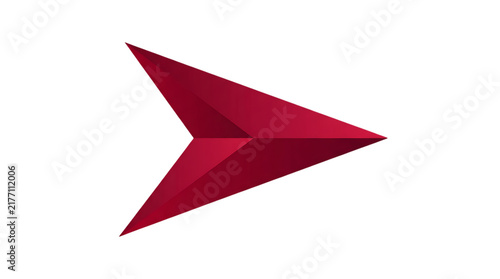 Abstract geometric arrow icon design. Red polygonal vector symbol on white background. Minimalist logo template and directional sign. Stylized low poly shape
