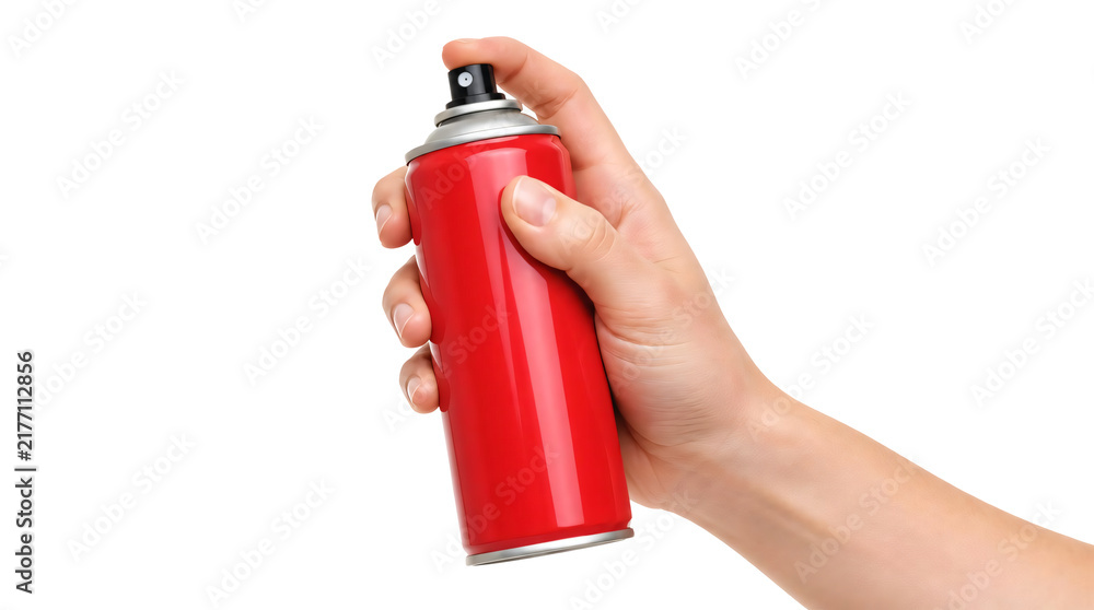 Obraz premium A hand holding red spray can isolated on transparent background