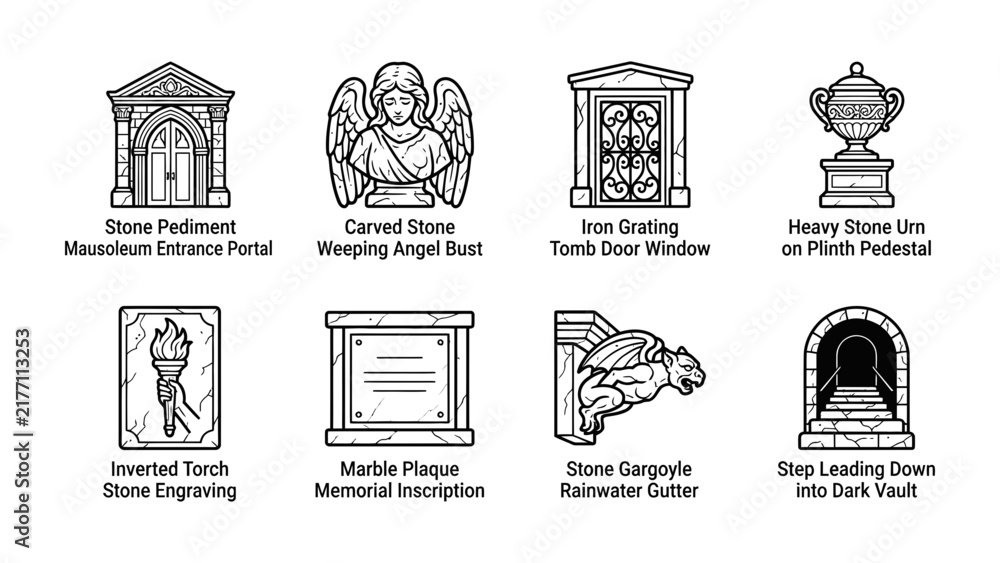 Fototapeta premium Sepulchre Elements: A collection of gravestone elements, including mausoleum portal, angel bust, tomb window, stone urn, torch engraving, marble plaque, gargoyle gutter, and dark vault entrance.
