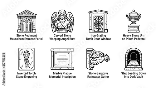 Sepulchre Elements: A collection of gravestone elements, including mausoleum portal, angel bust, tomb window, stone urn, torch engraving, marble plaque, gargoyle gutter, and dark vault entrance.