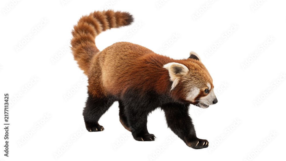 Obraz premium Cute wild red panda lesser panda standing isolated on transparent background for exotic wildlife nature zoo conservation.