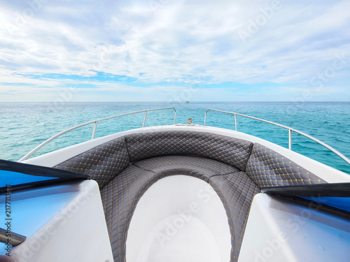 Speed boat  prow on board to the sea.