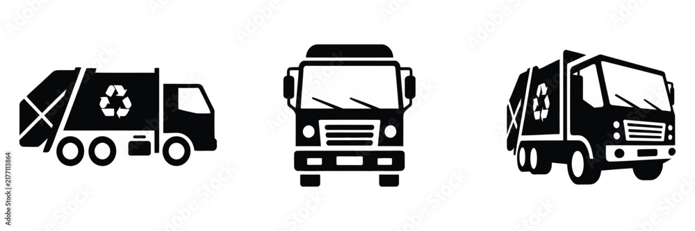 Fototapeta premium Garbage and recycling truck silhouettes, heavy waste vehicles for sanitation, environmental service, transportation, and urban cleanup illustrations. 