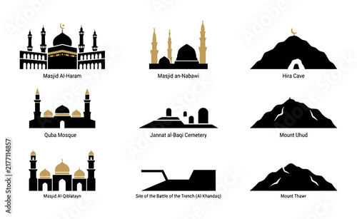 Islamic holy site icons set featuring mosques and mountains in Mecca and Medina