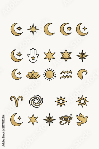 Set of celestial and mystical gold icons featuring moon stars and spiritual symbols