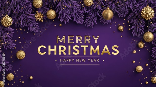 christmas greeting card with purple and golden decoration balls illustration