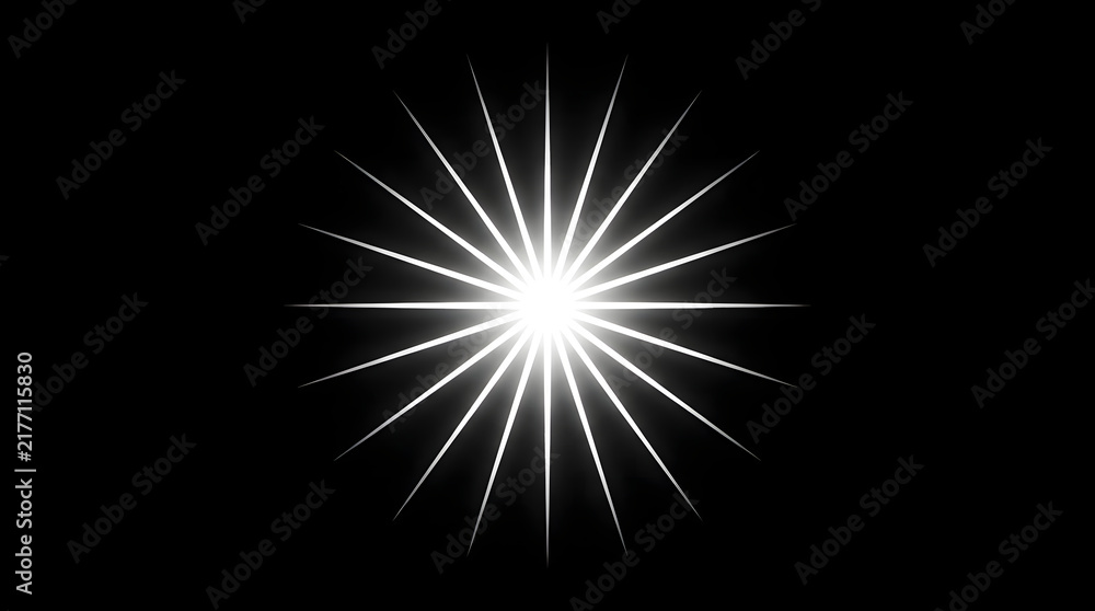 Fototapeta premium A bright white starburst effect with radiating light rays isolated on a solid black background perfect for graphic design overlays and digital art projects