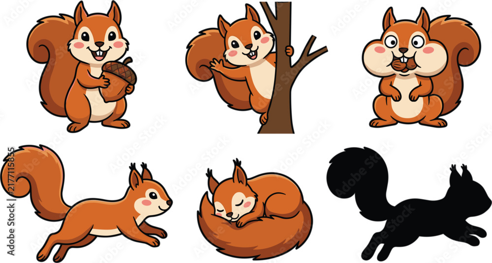 Obraz premium Cute Squirrel Vector Cartoon Illustration Set Featuring Playful Rodents Holding Acorn Climbing Tree Running Sleeping And Black Silhouette For Wildlife Design