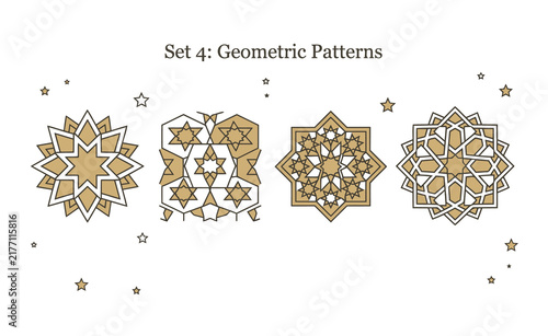 Set of four intricate geometric star patterns with gold and white ornamental design.