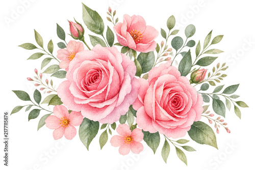 Watercolor Pink Rose Floral Arrangement with Green Leaves and Delicate Flowers
