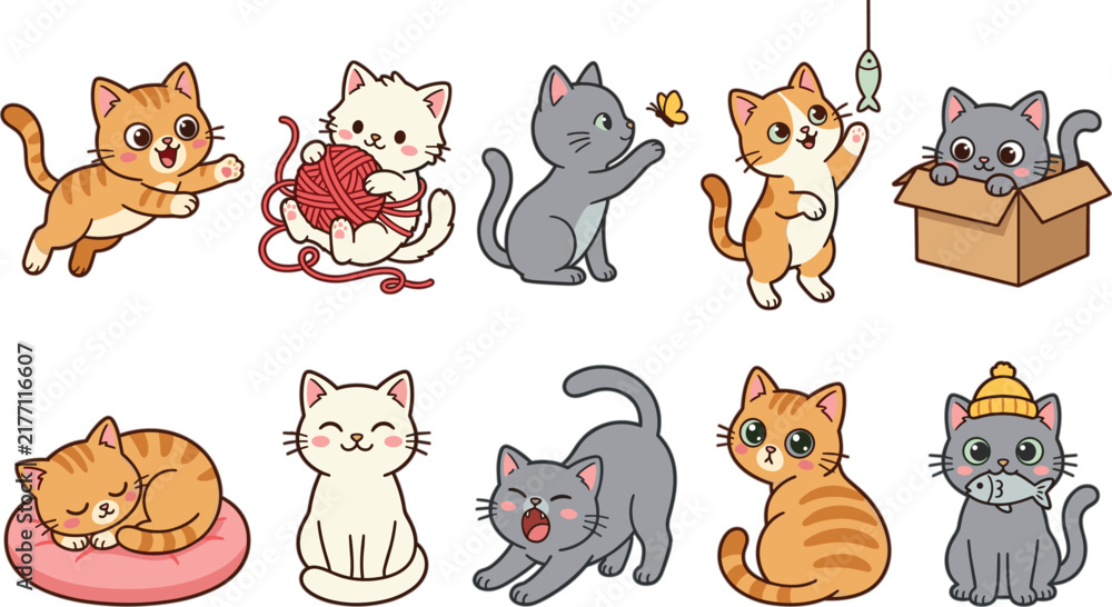 Obraz premium Cute Cartoon Kitten Vector Illustration Set Featuring Playful Cats With Yarn Box Fish Cushion Sleeping And Stretching For Kids Graphics Stickers