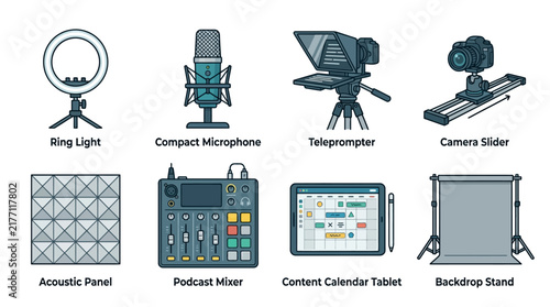 Cuadro en lienzo Content creation equipment includes a ring light, compact microphone, teleprompter, camera slider, acoustic panel, podcast mixer, content calendar tablet, and backdrop stand