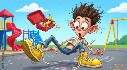 Funny cartoon boy tripping over untied shoelaces and dropping open lunchbox in school playground stock illustration—featuring an expressive wide-eyed kid slipping on hopscotch pavement with flying yel