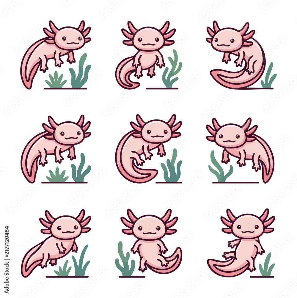 Obraz premium Cute axolotl collection various poses cartoon style