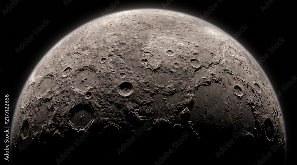 Fototapeta premium Detailed Surface of a Rocky Planet with Craters and Mountains in Deep Space Background