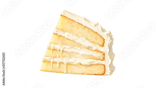 Single layered cake slice displaying visible frosting between layers. Culinary illustration concept