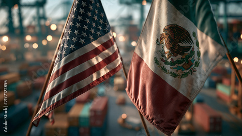 Flags of the united states and mexico displayed at a shipping port with cargo containers in the background