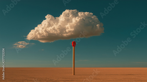 Giant matchstick beneath a solitary cloud over desert