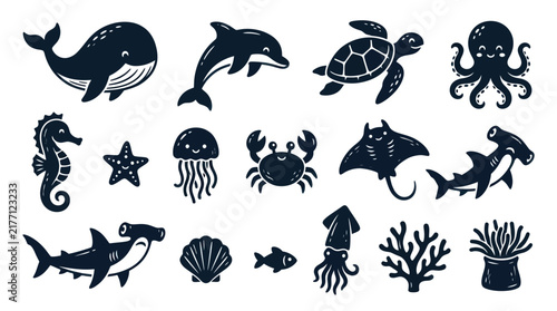 Cute Marine Life Black Glyphs Set. Stylized Sea Animals and Underwater Creatures Icons Collection.