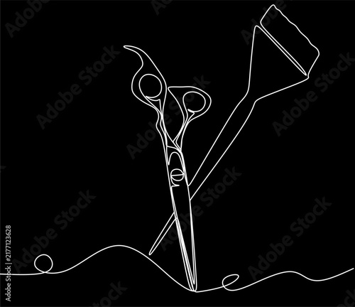 Minimalist vector drawing of hairdressing scissors and hairbrush for coloring with white lines. Modern line art of tools for beauty salon logo, hair care branding and colorist sign design.