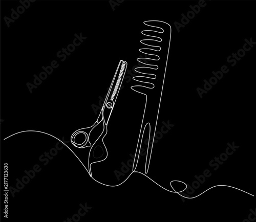 Minimalistic vector drawing of hairdressing scissors and hair comb with white lines. Modern line art of equipment for beauty salon logo, hair care branding and sign design.