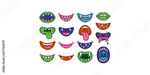 Quadro su tela Monster mouth collection with fangs teeth and tongues for spooky halloween character design and creative sticker projects