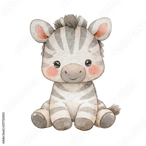 Cute Baby Zebra Sitting Front View Watercolor Clipart PNG, Adorable Plush Style Safari Animal Illustration for Nursery Decor