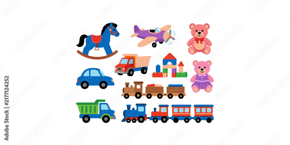 Fototapeta premium Set of colorful children toys featuring rocking horse toy train wooden blocks teddy bears and miniature vehicles icons.