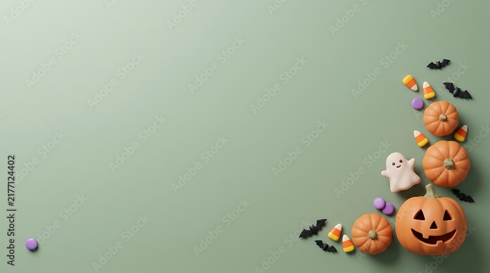 Fototapeta premium Halloween background with cute ghost, jackolantern pumpkins, bats, and candy corn arranged in a corner on a sage green surface, 3d render with copy space for text