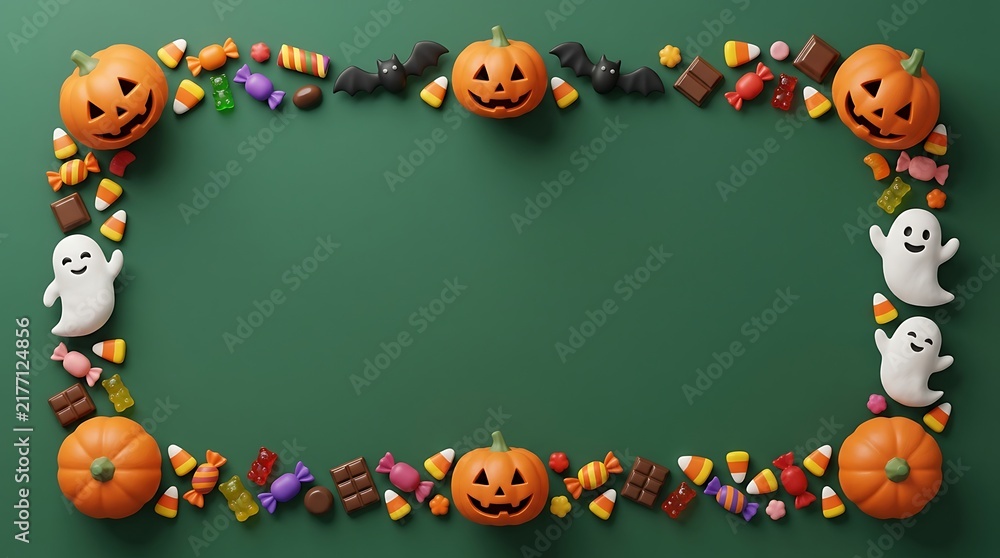 Fototapeta premium Halloween frame with 3d pumpkins, ghosts, bats, and assorted candies on a dark green background