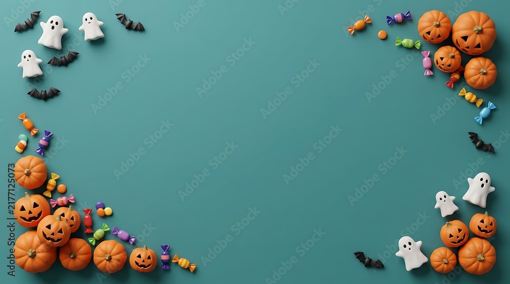 Fototapeta premium Halloween holiday background with pumpkins, ghosts, bats, and candies arranged in corners on a teal surface