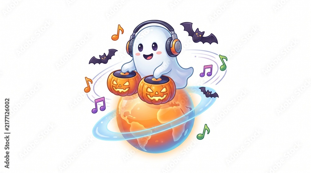 Fototapeta premium Cute Halloween ghost DJ wearing headphones, spooky character mixing music on pumpkin turntables, festive party illustration on white background