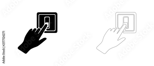 Hand turning off light switch vector icon filled and outline, energy saving and electricity conservation symbol.