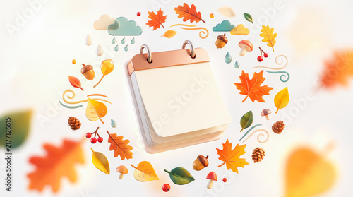 Blank desk planner spiral calendar surrounded by dense circular wreath containing 3D autumn leaves pinecones mushrooms berries clouds raindrops warm isolated background