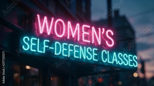 Close-up of a glowing neon sign WOMEN'S SELF DEFENCE CLASSES on a city building at night. Female empowerment, martial arts and personal safety concept