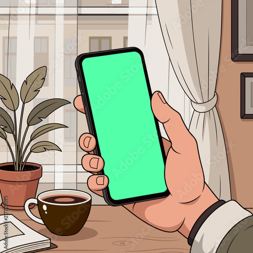 Hand holding smartphone with green screen mockup in cozy home office interior