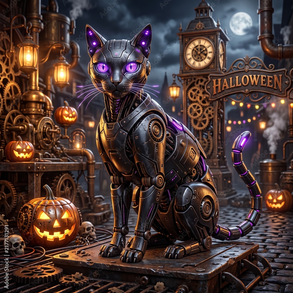 Fototapeta premium Futuristic Cyberpunk Neon Jack O Lantern Stock Asset High-tech sci-fi twist on traditional Halloween concept