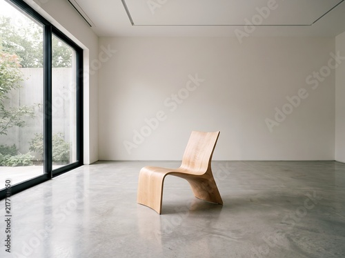 Sculptural wooden lounge chair in a spacious minimalist interior