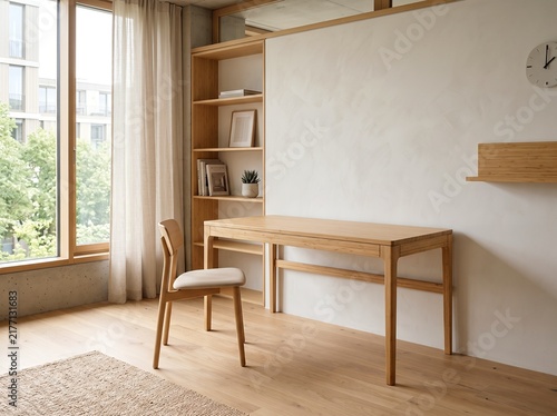 Minimalist wooden desk and chair with built-in shelving in a modern home office