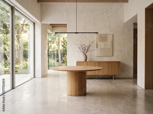 Round wooden dining table with bench in a bright minimalist interior