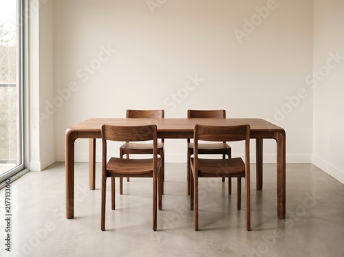 Modern wooden dining table with matching chairs in a bright dining room