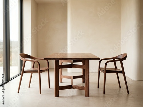 Wooden dining table with chairs in a bright contemporary interior