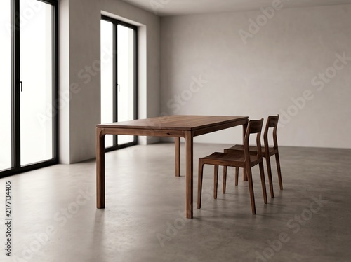 Minimalist wooden dining table with chairs in a modern open interior