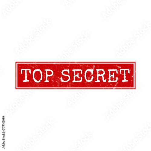 Red rectangular rubber stamp with the words top secret written in white text and a worn grunge texture effect