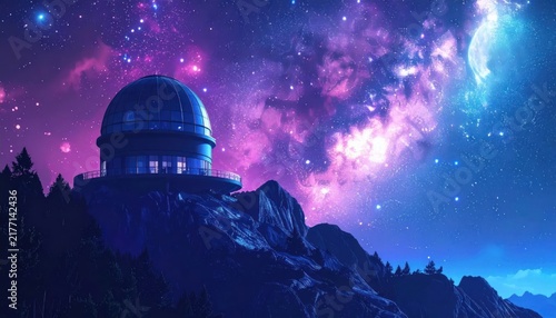 Observatory under starry night sky galaxy.