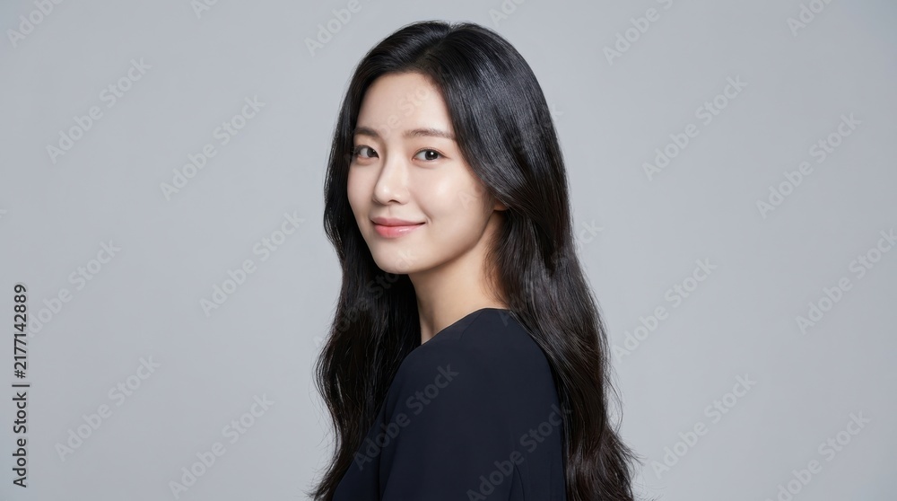 Obraz premium Portrait of a smiling young Asian woman looking over her shoulder at the camera