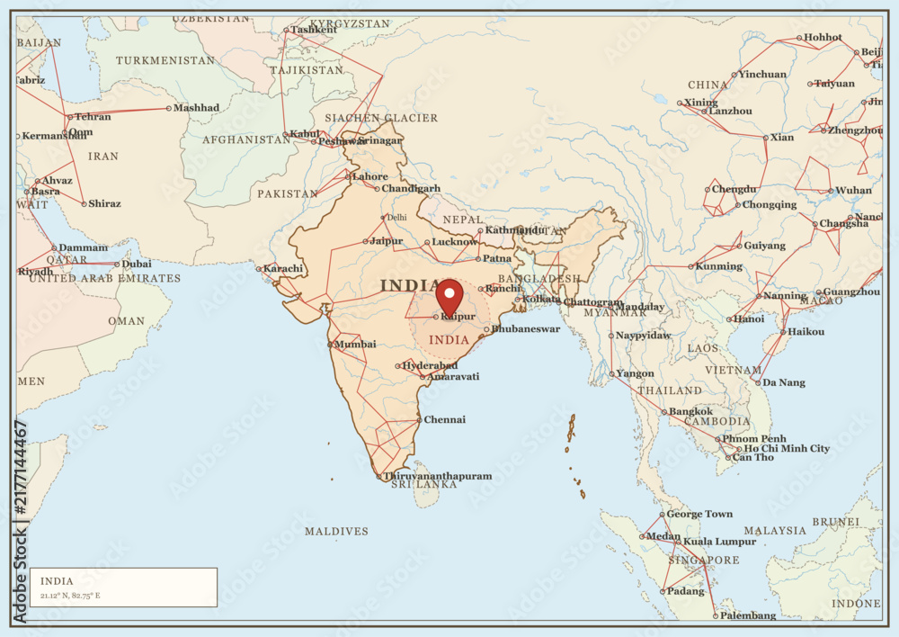 Fototapeta premium Map of india highlighting raipur city with a red location pin and surrounding network lines on a stylized world map background