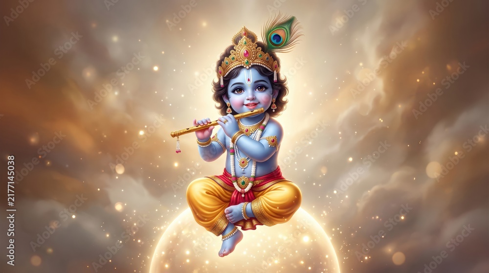 Naklejka premium Divine baby krishna floating in golden celestial clouds playing flute with sparkling magical krishna janmashtami